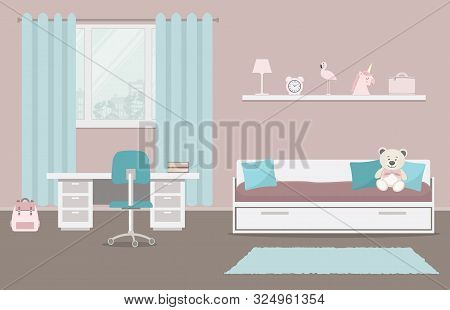 Children's Room In A Pink And Blue Color. There Is A Bed With Pillows, A Desk, A Chair On A Window B