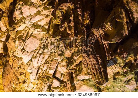 Impressive Formations Of The Stalactites And Stalagmites In Dirou Cave. Greek Destination .natural B