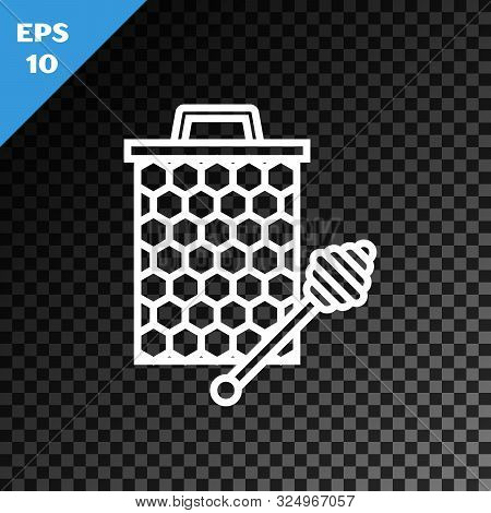 White Line Honeycomb With Honey Dipper Stickicon Isolated On Transparent Dark Background. Honey Ladl