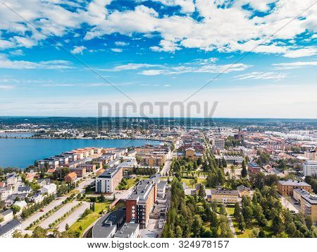 Lulea, Sweden - July 05, 2019: Panorama City, Cathedral Sunny Day, Blue Sky