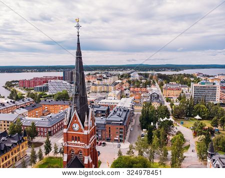 Lulea, Sweden - July 05, 2019: Panorama City, Cathedral Sunny Day, Blue Sky