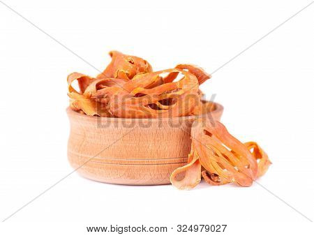 Mace In A Wooden Bowl, Isolated On White Background. Nutmeg Flower, Myristica Fragrans. Natural Spic