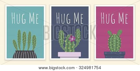 Various Cactuses With Inscription Hug Me. Set Of Cards