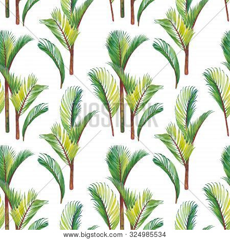 Tropical Seamless Pattern With Red Lipstick Palm Trees. Watercolor On White Background.