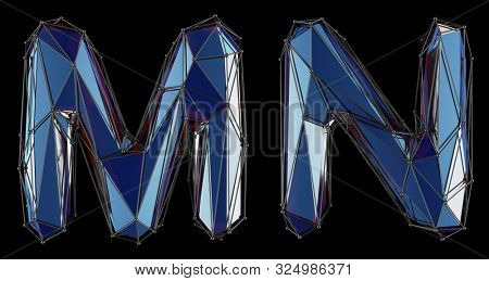 Letter set M, N made of realistic 3d render blue color. Collection of low polly style alphabet isolated on black background 3d