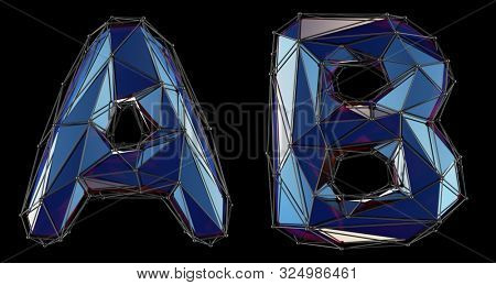 Letter set A, B made of realistic 3d render blue color. Collection of low polly style alphabet isolated on black background 3d