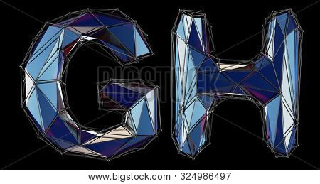 Letter set G, H made of realistic 3d render blue color. Collection of low polly style alphabet isolated on black background 3d