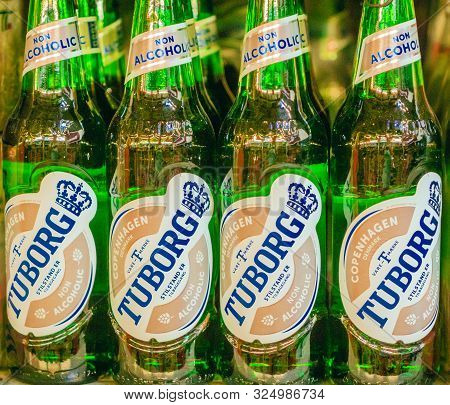 Volzhsky, Russia - June 26, 2019: Products Of Hypermarket Sale Soft Drinks Beer Tuborg Green Danish 