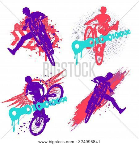 Set Of Dirt Jumping Silhouette, Colorful Grunge Style. Bicycle Mtb Trick Jump. Party, Poster, T-shir
