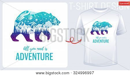 Trendy T-shirt Print Design. Great Bear In Hand Drawn Sketch Style. T Shirt With Vector Northern Lig