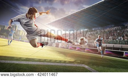 Profeccional Soccer Players In Action On The Grand Stadium Background