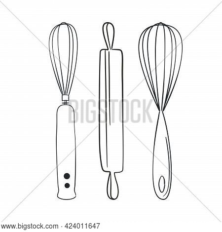 Baking Kitchen Tools In Doodle Style. Vector Illustration.
