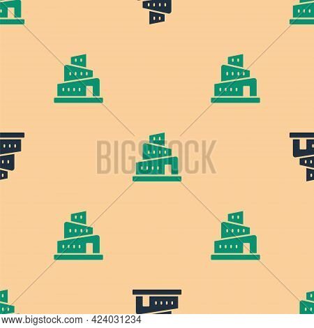 Green And Black Babel Tower Bible Story Icon Isolated Seamless Pattern On Beige Background. Vector