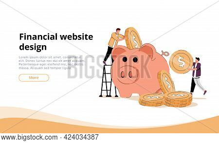 Two Investors Putting Coins In Piggybank. Bank, Money, Income Flat Vector Illustration. Finance And 