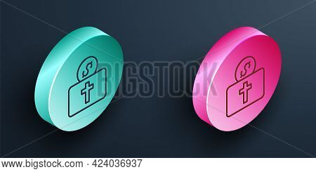 Isometric Line Donation For Church Icon Isolated On Black Background. Turquoise And Pink Circle Butt