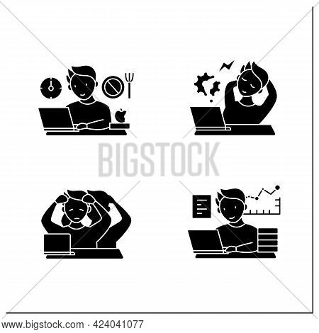 Workaholic Glyph Icons Set. Workaholism Prevention, Consequences. Depersonalization, Counterproducti