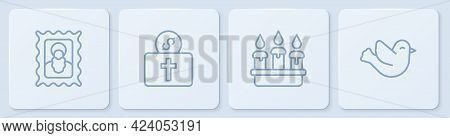 Set Line Christian Icon, Burning Candle In Candlestick, Donation For Church And Dove. White Square B