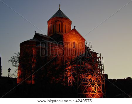 Night View Of Tbilisi Old Town With Ancient Churches, Castle And President Palace