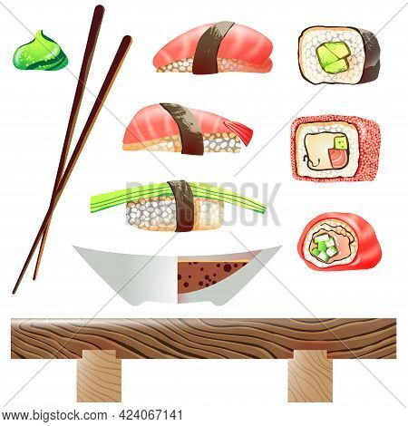 Vector Illustration Of Sushi, Rolls, Little Table, Food Sticks, Bowl With Soy Sauce