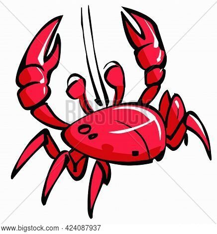 Cartoon Funny Red Crab Stands Back With Raised Claws.
