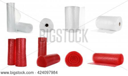 Set With Different Bubble Wrap Rolls On White Background. Banner Design