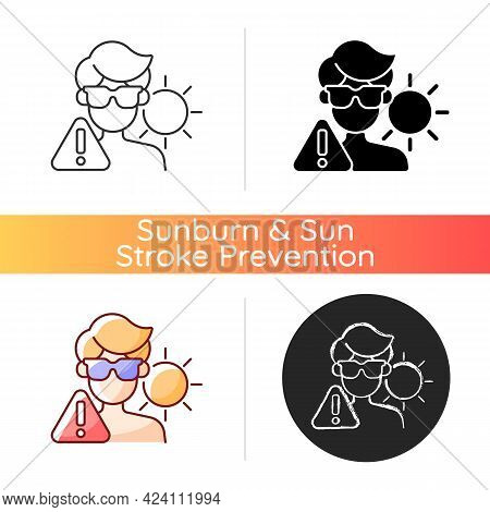 Overexposure To Sun Icon. Person In Sunglasses On Beach Risking Sunstroke. Man In Danger Of Sun Burn