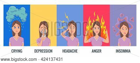 Women Stress Symptoms. Emotional Or Mental Health Problems, Stress - Hysterics Insomnia Headache Dep