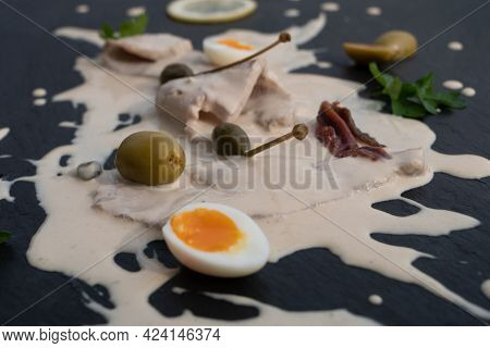 Vitello Tonnato, Veal In Tuna Sauce, Top View, A Dish From The Piedmontese Cuisine