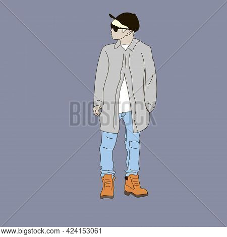 Vector Illustration Of Kpop Street Fashion. Street Idols Of Koreans. Kpop Male Fashion Idol. A Guy I