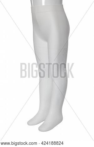 White Female Pantyhose With A Textured Pattern Are Dressed On A White Mannequin. Female Stockings On