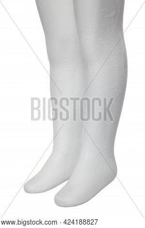 White Female Pantyhose With A Textured Pattern Are Dressed On A White Mannequin. Female Stockings On