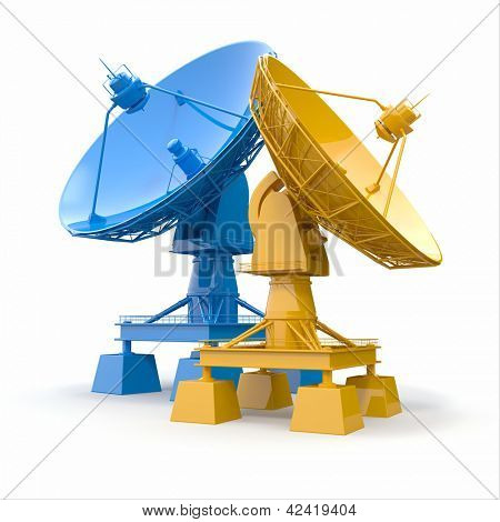 通信。衛星放送受信アンテナ白い背景の上。3 d