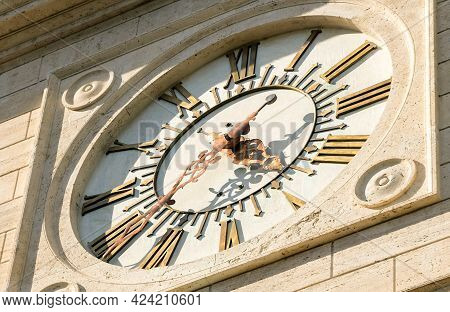 Rome, Ostiense Neighborhood. Detail Of The Big Clock Located In The Bell Tower Of Basilica Of Saint 
