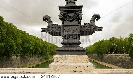 Rome. Ponte Mazzini, Over Tiber River. The Bottom Of The Lights On The Bridge Show Beautiful Ironwor