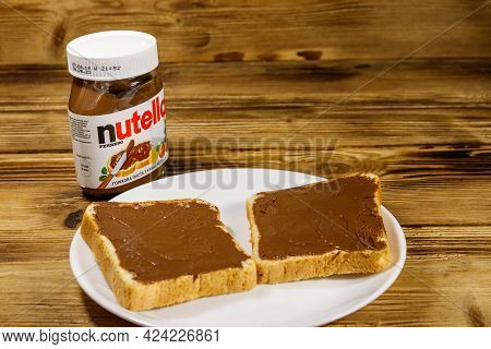 Kremenchug, Ukraine - October 6, 2019: Chocolate Hazelnut Spread Jar Nutella By Italian Company Ferr