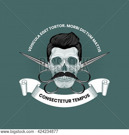Skull With Mustaches And Crossed Scissors. Barbershop Emblem Template In Vintage Style. Stock Vector