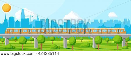 Skytrain And Landscape With Cityscape. Super Streamlined Train. Passenger Express Railway Locomotive