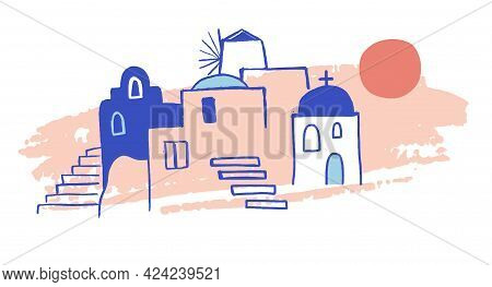 Greece Hand Drawn Illustration. Santorini Old Town Streets, Traditional And Famous Houses And Church