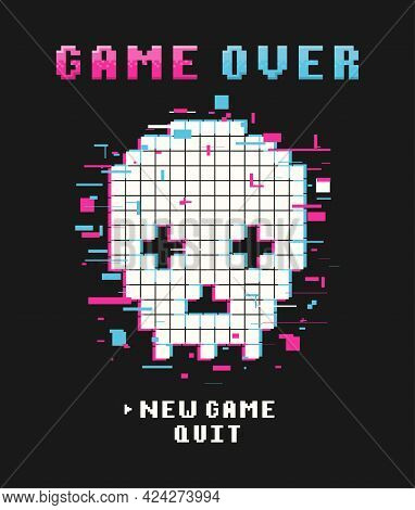 Gamers T-shirt Design With Glitch Pixel Skull And Pixel Text And Slogan. Typography Graphics For Tee
