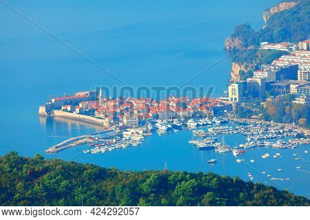 Aerial View Scenery Of Budva Old Town In Montenegro . Popular Summer Resort City Budva On The Adriat