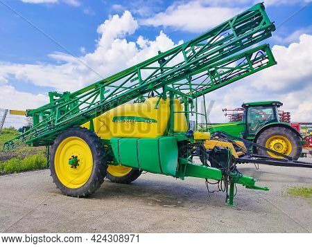 Kyiv, Ukraine - August 24, 2020: Pneumatic Trailer Pneumatic Seed Loader John Deere 1910