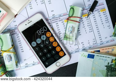 Kiev, Ukraine - May, 2021. Millennial Candid Authentic Female Hands Counting Money Euros. Businesswo