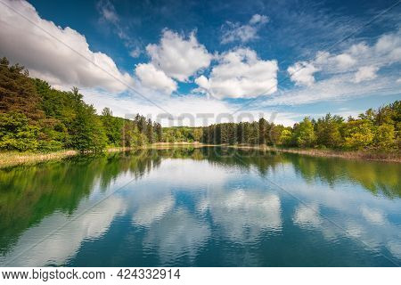 Panoramic View On Mountain Lake By Summer