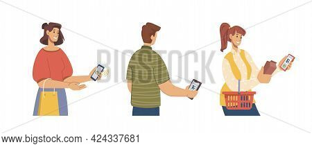 Supermarket Store Buyer Shopper In Line Make Money Transactions By Qr. Contactless Pay, People Payin