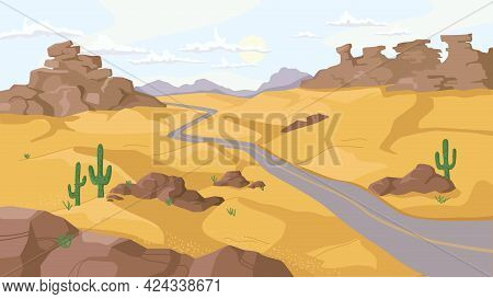Desert With Rocky Mountains And Hills Of Sand, Growing Cactus Plants Along Path, Flat Cartoon Design