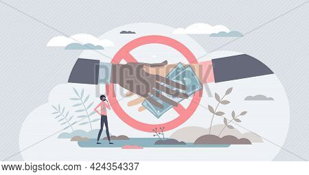 Anti Corruption Scene With Illegal Bribe Money Transfer Tiny Person Concept. Stop Fraud And Greedy B
