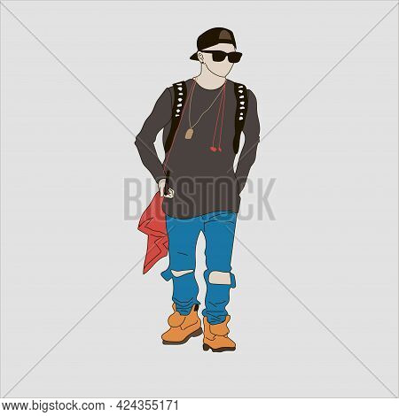 Vector Illustration Of Kpop Street Fashion. Street Idols Of Koreans. Kpop Men's Fashion Idol. A Guy 