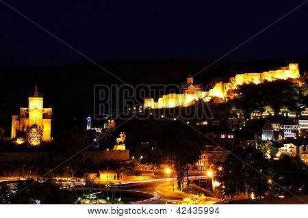 Night View Of Tbilisi Old Town With Ancient Churches, Castle And President Palace