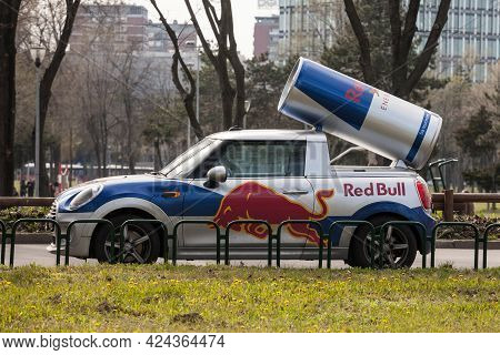 Belgrade, Serbia - March 27, 2021: Logo Of Red Bull On A Giant Promotional Can On A Car.red Bull Is 