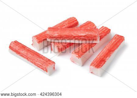 Red Japanese Surimi sticks close up isolated on white backgropund